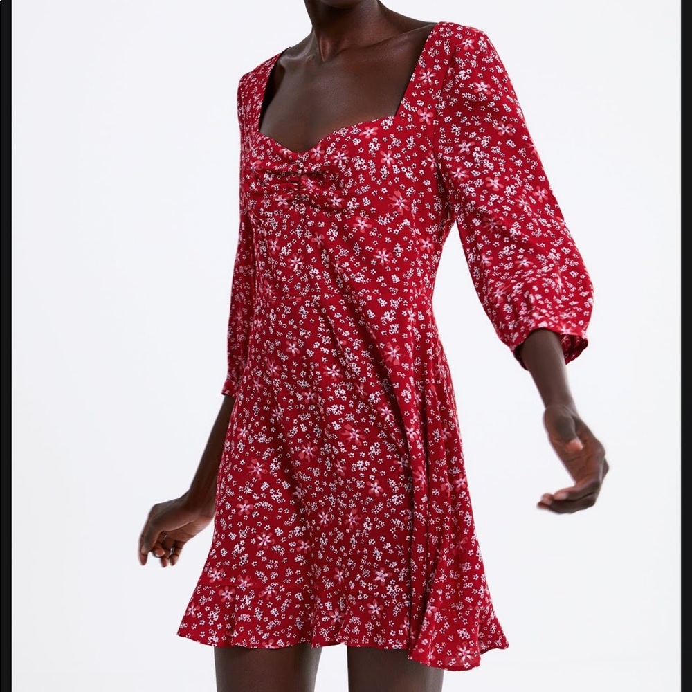 Zara Red Floral Ruffle Babydoll Dress (S)
